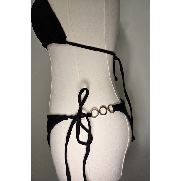 Black Gold Chain Detail 2 Piece String Bikini Triangle Top Tie Sides Size Small - Picture 4 of 5